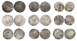 Abbasid, al-Muqtadir (295-320h), dirhams (9), all from better mints, comprising Arrajan 3xx; al-Rafiqa 301h, 314h; Ra’s al-‘Ayn 318h; Tarsus 312h; al-...