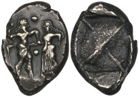 Thraco-Macedonian, Berge (formerly attributed to Lete or Siris), plated stater (fourrée), c. 500 BC, nude ithyphallic satyr clasping the arm of a nymp...