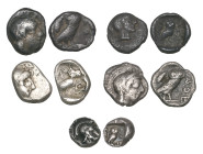 Attica, Athens, triobol (1), obols (3) and hemiobols (2), 5th century BC, head of Athena, rev., owl, 1.98g, 0.57g, 0.61g, o.61g, 0.33g, 0.37g, mainly ...