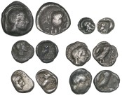 Attica, Athens, triobol (1), obols (3) and hemiobols (2), 5th century BC, head of Athena, rev., owl, 1.98g, 0.57g, 0.61g, o.61g, 0.33g, 0.37g, mainly ...