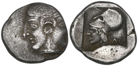 Mysia, Lampsakos, drachm, c. 480-450 BC, female janiform head, rev., helmeted head of Athena left; monogram behind, 5.32g (BMC 10-22 var.), obverse of...