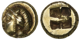 Ionia, Phokaia, electrum hekte, c. 396 BC, head of Io left, rev., quadripartite incuse square, 2.48g (Bodenstedt 96), obverse off-centre, about extrem...