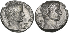 Roman, Tiberius (14-37), tetradrachm, Alexandria, year 7 (20/21), laureate head right, rev., radiate head of Divus Augustus right, 13.90g (RPC 5089), ...