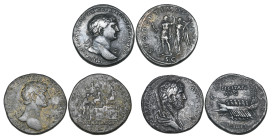 Roman, Trajan (98-117h), sestertius, rev., emperor crowned by Victory; Hadrian, sestertii (2), rev., Liberalitas scene and galley rowed to left, mainl...