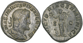 Roman, Maximinus I (235-238), sestertius, 236, laureate and draped bust right, rev., VICTORIA GERMANICA S C, Victory standing left, holding wreath ove...
