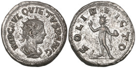 Quietus (260-261), antoninianus, Samosata, IMP C FVL QVIETVS P F AVG, bust right, rev., SOL INVICTO, Sol standing left, holding globe, 4.59g (RIC 10) ...