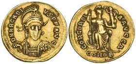Roman, Arcadius (383-408), solidus, Constantinople, facing helmeted bust, rev., Constantinopolis seated facing, 4.35g (RIC X, 7), obverse scuffed, abo...