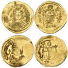Byzantine, Maurice Tiberius (582-602), solidus, 4.43g (S. 478), partly flat, very fine; and lightweight solidus of 23 siliquae, 4.16g (S. 481), about ...
