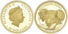 g Australia, Elizabeth II, Koala Series, proof 25 dollars, 2014, wt. .25 tr. oz., .9999 fine., mint state, in capsule and case of issue, with certific...