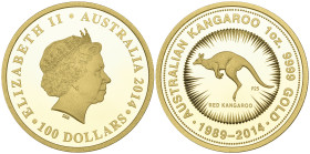 g Australia, Elizabeth II, Kangaroo Series, proof 100 dollars, 2014, 25th Anniversary edition, wt. 1 tr. oz., .9999 fine, mint state, in capsule and c...