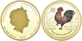 g Australia, Elizabeth II, Lunar Year of the Rooster, 2017, proof 100 dollars, coloured edition, 1 tr. oz., .9999 fine, mint state, in capsule and cas...