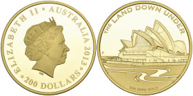 g Australia, Elizabeth II, 'The Land Down Under' Series, proof 200 dollars, 2013, rev., Sydney Opera House, wt. 2 tr.ozs., .9999 fine, mint state, in ...