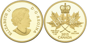 g Canada, Elizabeth II, ‘A Historic Reign’, proof 200 dollars, 2015, rev., a crowned pair of maple leaves with the cyphers of Elizabeth II and Queen V...