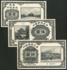 China, Mukden Bank for Industrial Development, 1918 issue, set of obverse and reverse proofs, on card, of 1, 5 and 10 dollars, obverses in black, reve...