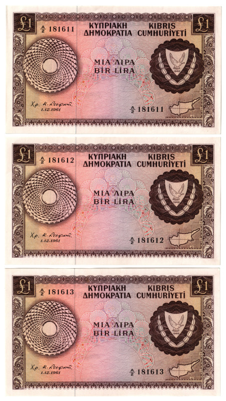Cyprus, Republic of Cyprus, £1 (3), 1 December 1961, consecutive serial nos. A/2...