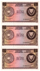 Cyprus, Republic of Cyprus, £1 (3), 1 December 1961, consecutive serial nos. A/2 181611 to A/2 181613, brown and multicoloured (Pick 39a), all uncircu...