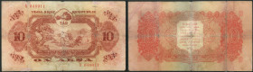 Tannu-Tuva, Republic, 10 aksha, 1940, #A048011, horse and plough, red-brown (Pick 18), pressed, cut at bottom edge, with restoration and repairs along...