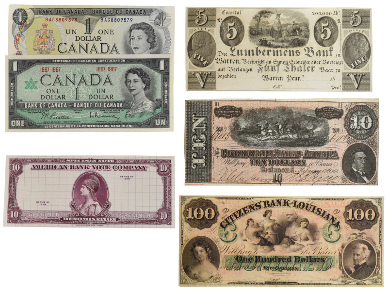 Miscellaneous American and other banknotes (6), including Warren, Pennsylvania, ...