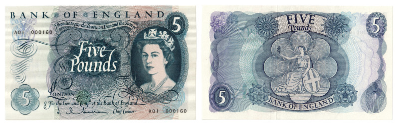 Bank of England, J.Q. Hollom (1962-66), Series C £5 (young Britannia), no. A01 0...