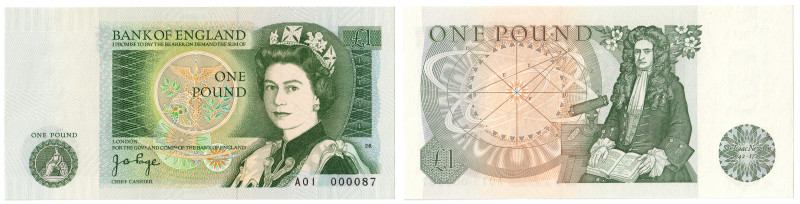Bank of England, J.B. Page, Series D £1 (Sir Isaac Newton), no. A01 000087 (D. B...