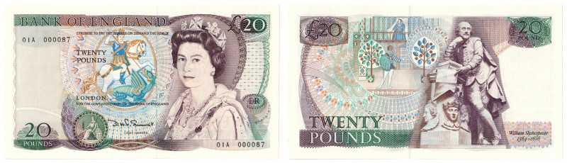 Bank of England, D.H.F. Somerset, Series D £20, no. 01A 000087, revised issue wi...