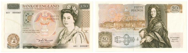 Bank of England, D.H.F. Somerset, Series D £50 (Sir Christopher Wren), no. A01 0...