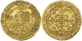 Edward III (1327-77), Fourth Coinage, Treaty Period, Treaty Series (1363-69), noble, London mint, i.m. cross potent, King standing in ship, double sal...