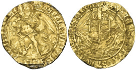 Henry VIII, a good contemporary forgery of a First Coinage angel, m.m. portcullis, rev., h and rose beside ship’s mast, apparently formed of two layer...