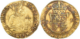 James I (1603-25), Second Coinage (1604-19), unite, m.m. cinquefoil, fifth half-length armoured bust right, holding orb and sceptre, rev., crowned squ...