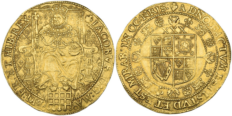 James I, Third Coinage (1619-25), rose-ryal of 30 shillings, m.m. lis over thist...