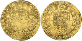James I, Third Coinage (1619-25), rose-ryal of 30 shillings, m.m. lis over thistle over spur ryal, King enthroned with a portcullis at his feet, rev.,...