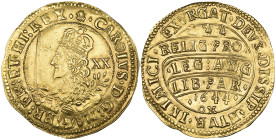 Charles I, Oxford mint, unite, 1644, m.m. Oxford plume on obverse only, crowned bust left holding upright sword and olive branch and breaking inner ci...