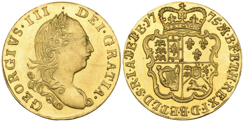 George III, proof half-guinea, 1775, third laureate head, by Richard Yeo, right,...