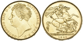 g George IV, two-pounds, 1823, bare head left, by J.-B. Merlen, rev., St George, edge lettered (S. 3798), about extremely fine

Estimate: GBP 2500-3...