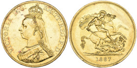 g Victoria, Jubilee, 1887, five-pounds, surface marks and with a metal fault in reverse field, otherwise extremely fine

Estimate: GBP 2300-2600