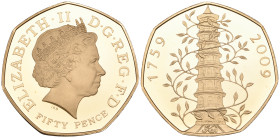 g Elizabeth II, 250th Anniversary of the Foundation of Kew Gardens, 2009, proof 50 pence struck in gold, rev., the Kew Chinese Pagoda entwined (S. H19...