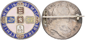 William III, crown, 1695 OCTAVO, brooch-mounted, reverse with pink enamelled centre and multicoloured shields

Estimate: GBP 200-300