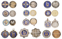 George I, shillings (2), both 1723 ssc, one brooch-mounted, one gilt, reverses enamelled; George III and IV, copy gilt shillings, reverses mounted in ...