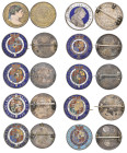 George III, three shillings Bank token, 1811, obverse in blue and white enamel, with engraved silver bust; halfcrown 1887, gilt with enamelled obverse...