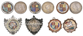 George III, shilling, 1819, enamelled to reverse and on a silver shield shaped mount; with Victoria, Jubilee 1887, shillings (4), reverses enamelled, ...