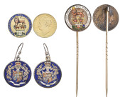 George III, sixpences (2), both 1819, gilt with blue enamelled and engraved arms to reverse; George IV, type 2 sixpences (2), date uncertain, mounted ...