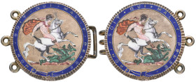 George III, crowns (2), 1819, 1820, a similarly-enamelled pair mounted as a belt buckle, with simple link fittings and triple ring-mounts, silvered fi...