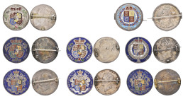 George IV, halfcrowns (7), 1820, 1821 (2), 1823 type 2, 1825, 1826, another of uncertain date, type 3, all brooch-mounted, reverses enamelled; togethe...