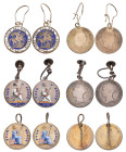 William IV - Victoria, silver gilt stickpin, mounted with 1837 Britannia groat, reverse gilt, Britannia with enamelled details; and pairs of earrings ...
