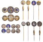 Victoria, young head Britannia groat stick pins (3), 1837 (sic), 1845, 1854, reverses enamelled, the last gilt; a pair of Britannia groat cufflinks, c...