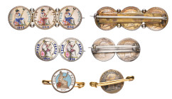Victoria, Britannia groat brooches (3), the first a 3-coin bar-brooch with groats dated 1842 (3), silvered with enamelled details; the second a 2-coin...