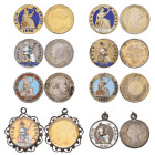 Victoria, Britannia groats (7), various dates, 1881, reverse in gilt and enamels, contained in a glazed and gilt mount; 1837, 1840, 1856, 1871, 1875, ...