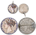 Victoria, young head crown, 1845, brooch-mounted, with enamelled details to obverse; and shilling [188?], brooch-mounted and similarly enamelled with ...