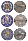 Victoria, young head crowns (3), 1845 viii, with enamelled reverse details; 1847 xi (2) both brooch-mounted, with background multicoloured enamels to ...