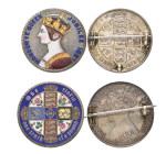 Victoria, Gothic florins (2), 1885, brooch-mounted, the first with reverse enamelled in multicoloured centre with blue border, the second with enamell...